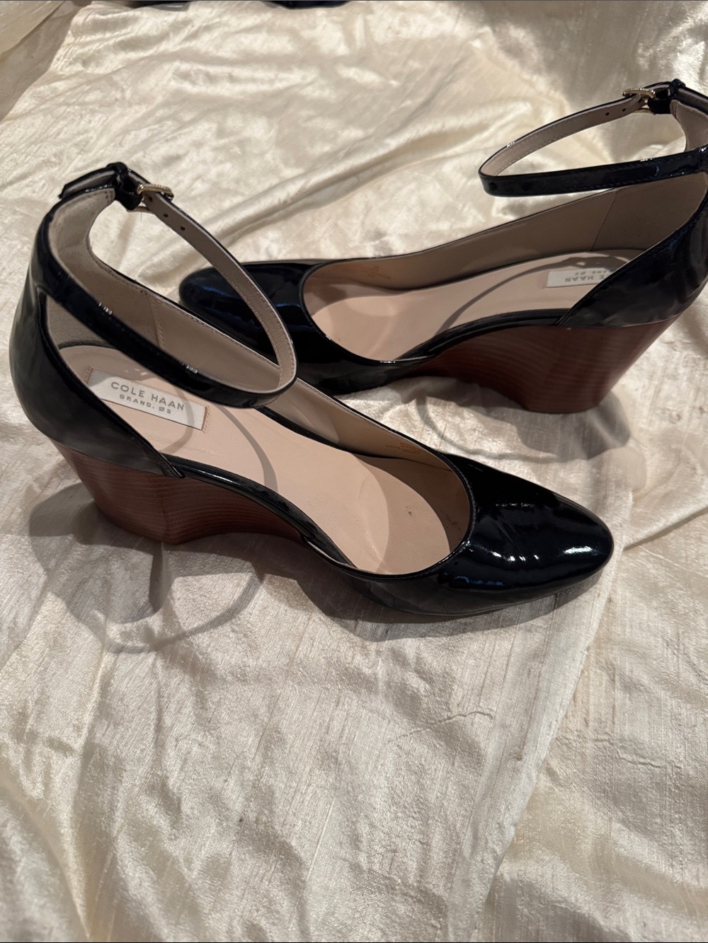 Cole Haan Black Patent Leather Ankle-Strap Wedge Heels